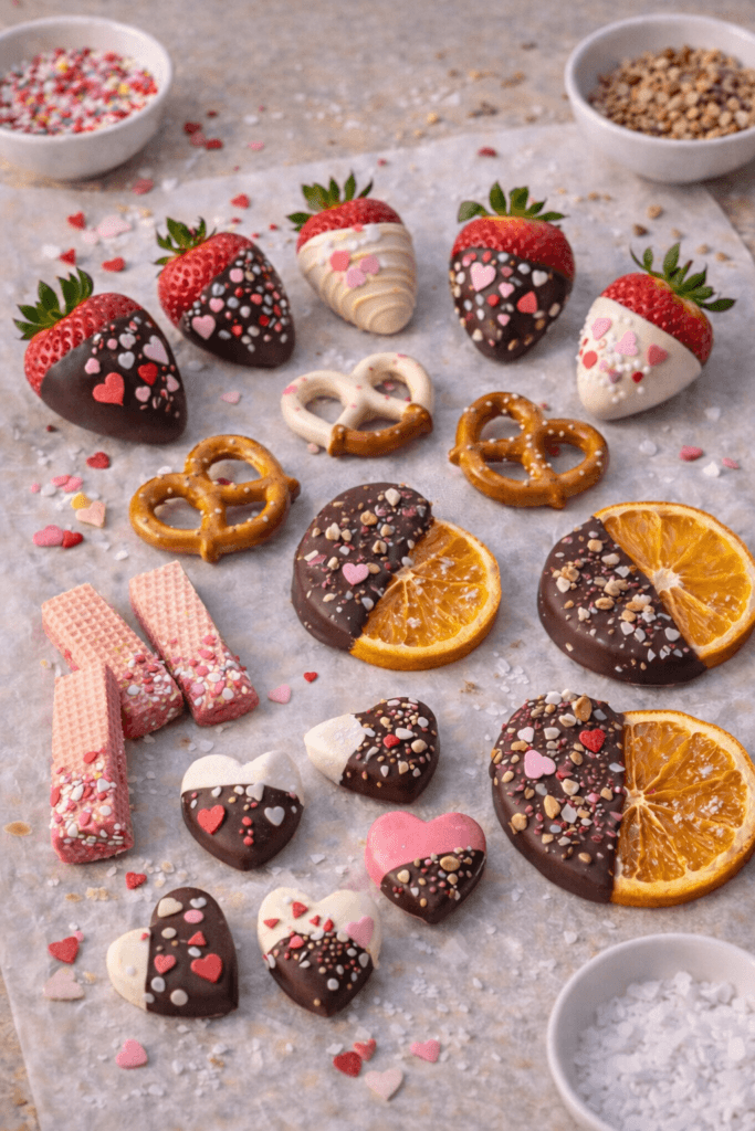 Chocolate-dipped Valentine treats including strawberries, pretzels, and dried orange slices decorated with pink and red sprinkles on a light surface.