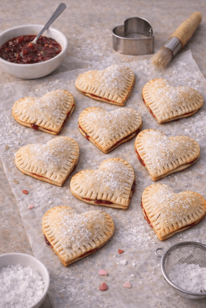 Golden heart-shaped hand pies filled with red jam and dusted with powdered sugar, arranged on parchment paper with baking tools nearby.