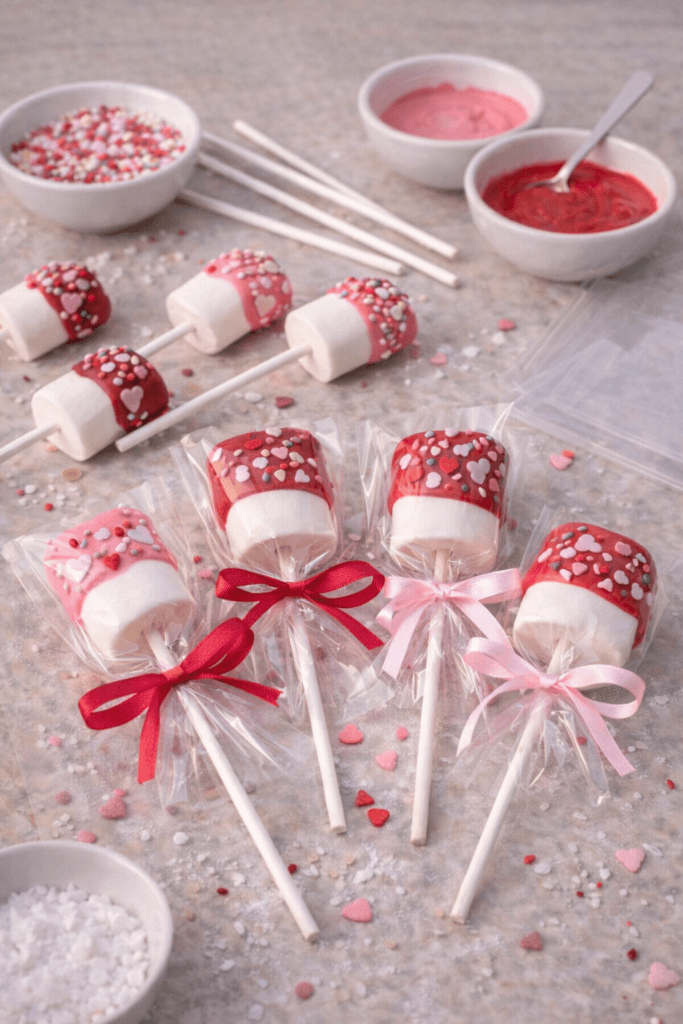 Valentine marshmallow pops dipped in pink and red candy coating with heart sprinkles, wrapped in clear cellophane and tied with ribbon.