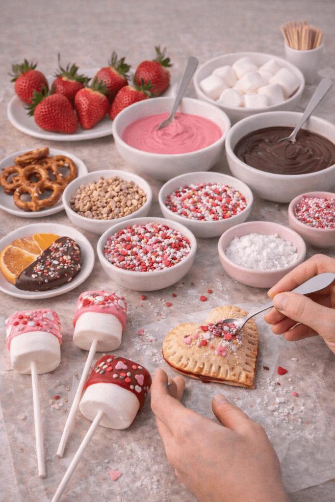 Valentine dessert bar with strawberries, marshmallows, pretzels, melted chocolate, pink candy coating, and bowls of festive sprinkles for decorating treats.