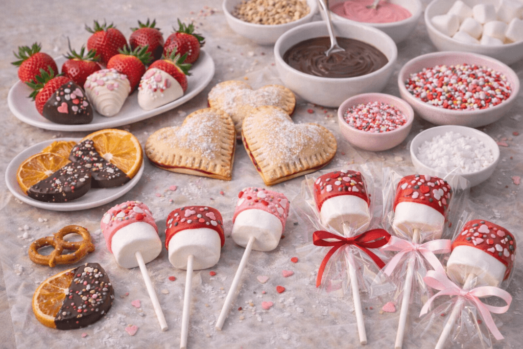 Valentine's Day dessert bar with strawberries, marshmallows, pretzels, melted chocolate, pink candy coating, and bowls of festive sprinkles for decorating treats.