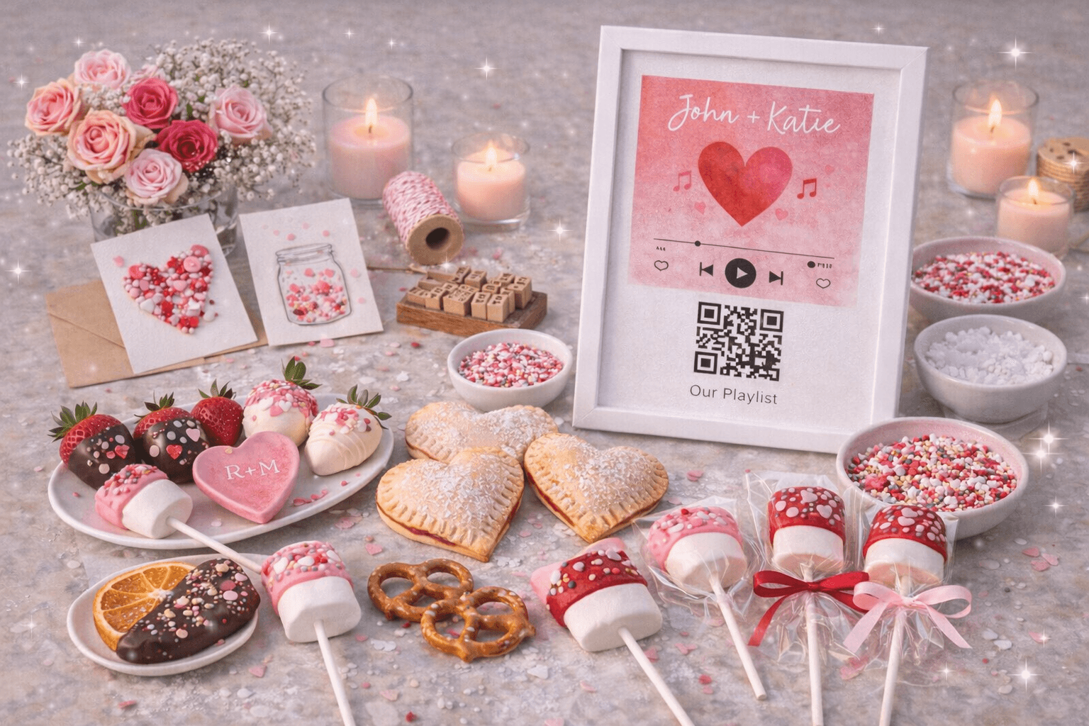 Valentine’s Day craft ideas arranged on a cozy tabletop, including handmade cards, paper garlands, kid-friendly crafts, edible Valentine treats, candles, and soft pink decor creating a warm, festive atmosphere.