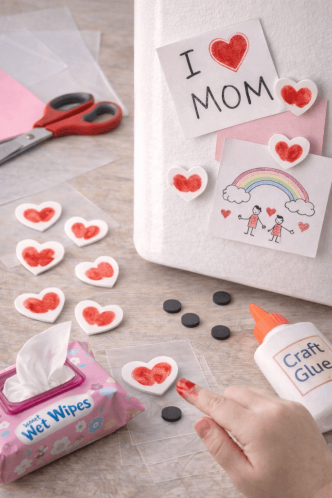 Kids Valentine’s Day craft scene with thumbprint heart magnets on a wooden table, featuring red paint hearts, clear plastic sheets, craft glue, scissors, handmade Valentine notes, and a pink pack of wet wipes for easy cleanup.
