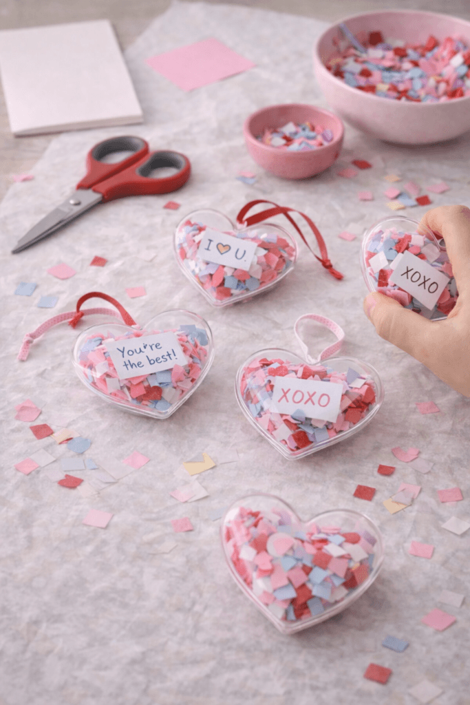 Heart-shaped Valentine confetti shakers filled with pink, red, and blue paper confetti, arranged on tissue paper with handwritten love notes and ribbon loops.