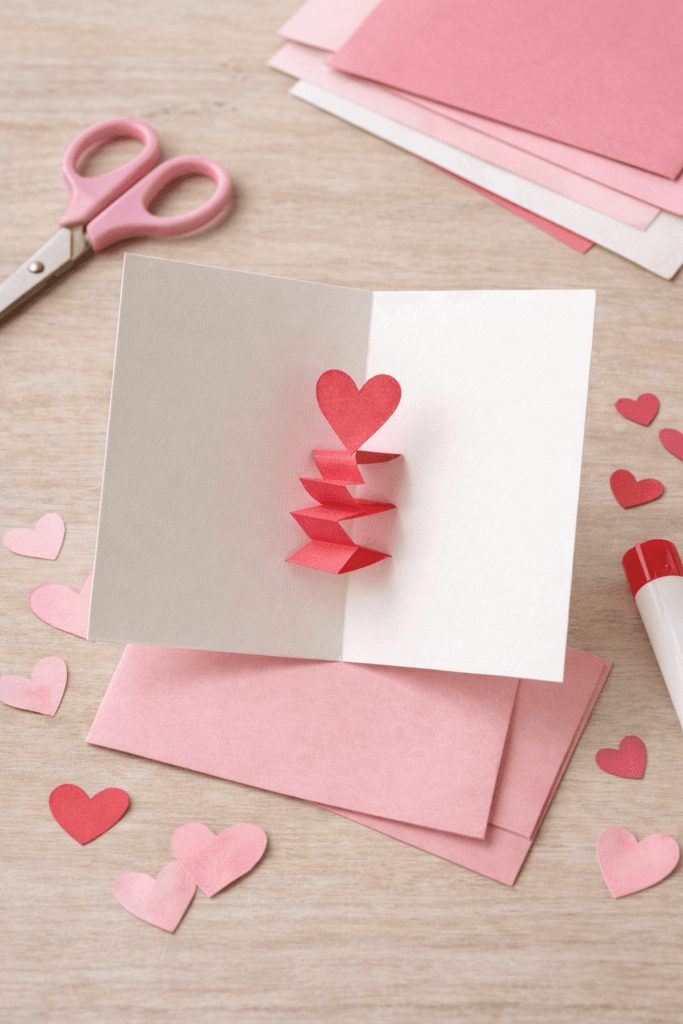 handmade craft valentines day card with an accordion style pop-up heart made from red construction paper