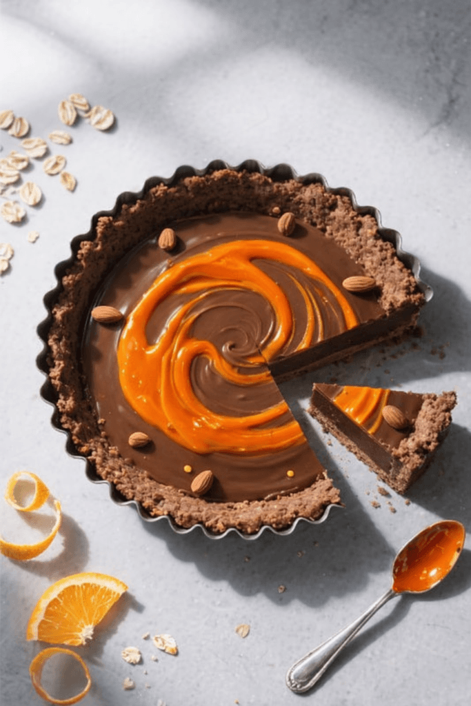 A chocolate tart with a deep orange glaze swirled on top sits in a fluted crust, with whole almonds placed decoratively. A slice is cut out and placed next to the tart, showing the rich chocolate filling inside. Orange slices and a spoon are nearby.