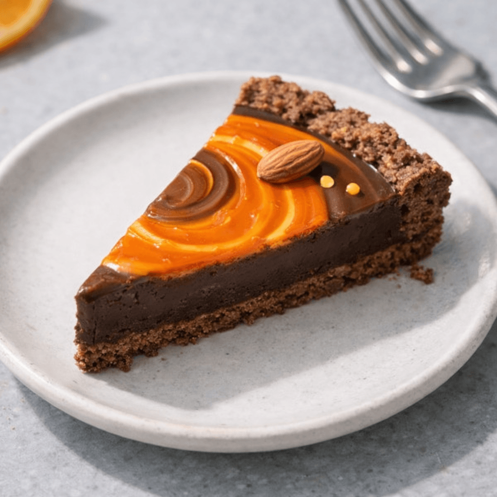 A single slice of chocolate blood orange tart on a white plate, with a deep orange glaze swirled over the top, a crumbly chocolate crust, and a whole almond garnish.