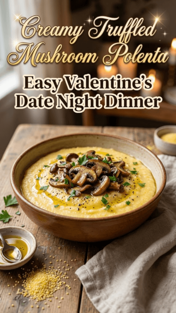 Creamy truffled mushroom polenta bowls in a ceramic bowl topped with garlicky sautéed mushrooms, parsley, and a drizzle of truffle oil, styled on a rustic table as a cozy Valentine’s date night dinner
