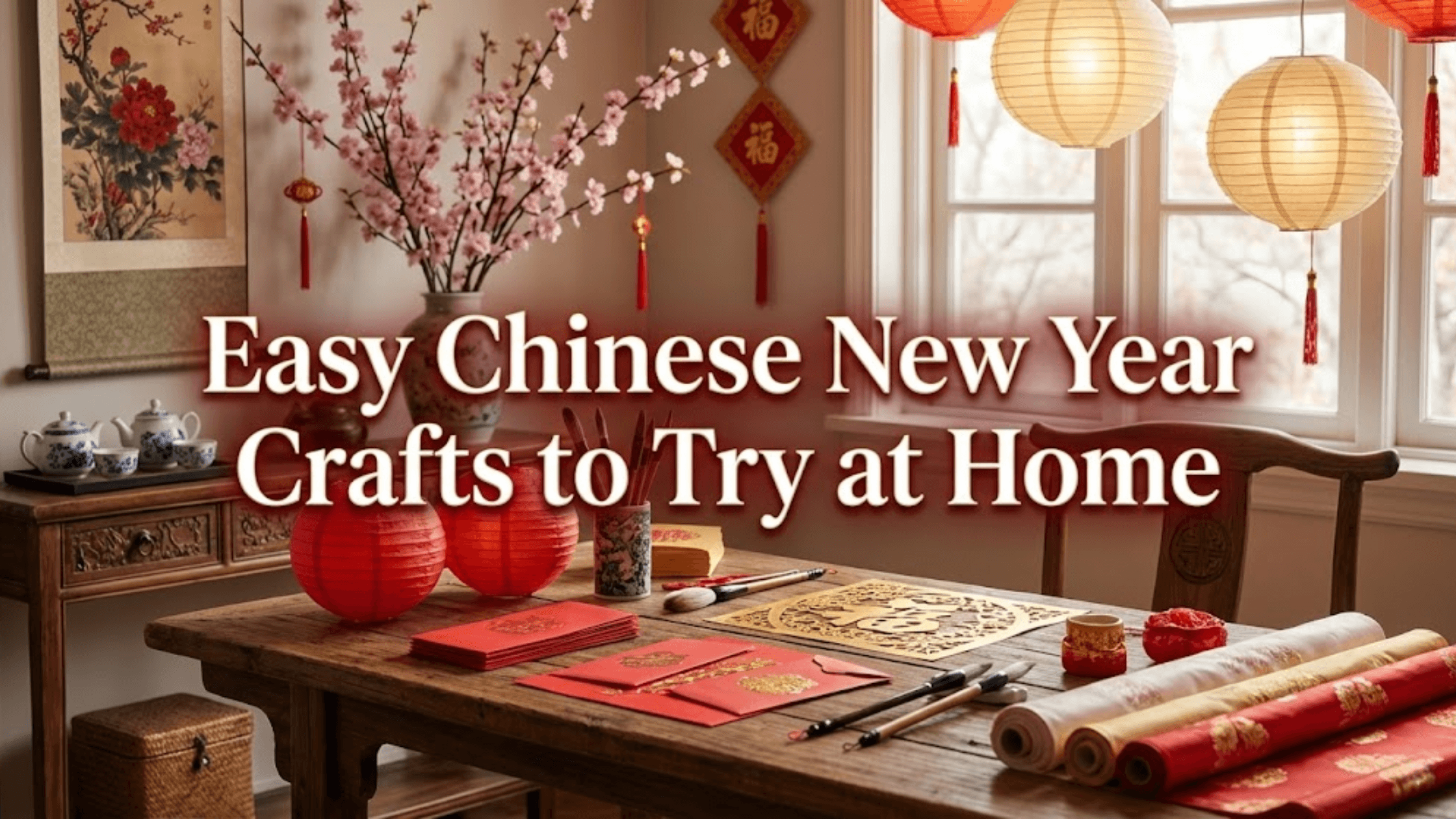 Lunar New Year craft table with red paper, brushes, and decorations, plus the text &ldquo;Easy Chinese New Year Crafts to Try at Home.&rdquo;