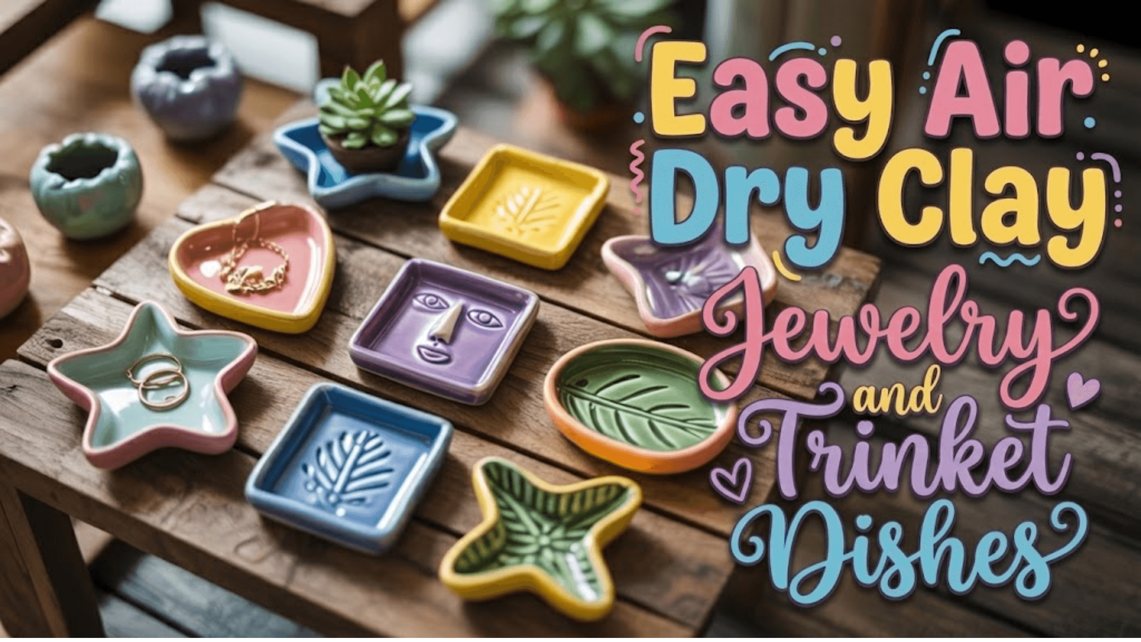 Colorful air dry clay jewelry and trinket dishes in star, heart, leaf, and square shapes arranged on a rustic wooden table, some holding gold rings, with bright hand lettered text that reads “Easy Air Dry Clay Jewelry and Trinket Dishes.”