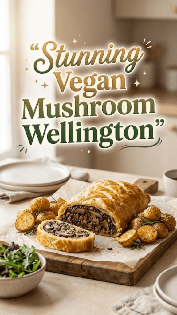 Sliced Vegan Mushroom Wellington wrapped in golden puff pastry on a wooden board, served with crispy rosemary potatoes and a bright green salad, styled as an elegant plant-based dinner.