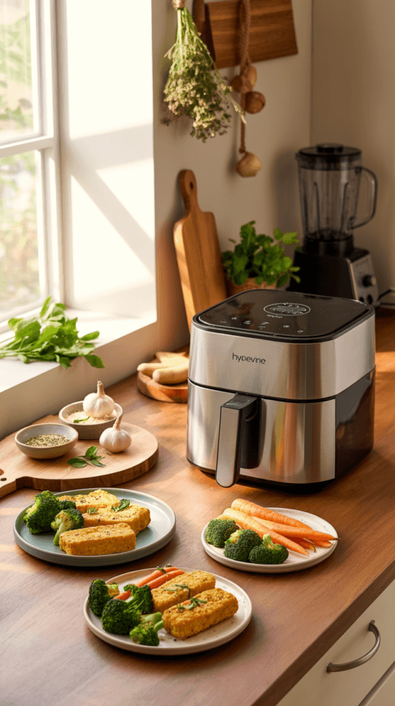 A cozy kitchen setting featuring a modern air fryer prominently displayed on a wooden countertop. In the foreground, colorful plates showcasing vibrant new air fryer recipes arranged artistically—crispy air-fried chicken tenders, golden roasted vegetables, and fluffy sweet potato fries, all garnished with fresh herbs. The middle ground includes a wooden cutting board with fresh ingredients like garlic, herbs, and spices, hinting at easy meal preparation. Soft, warm lighting filters through a nearby window, creating a relaxed and inviting atmosphere. In the background, cheerful kitchen decor—hanging herbs, potted plants, and a stylish blender—completes the scene. This image should have a lifestyle feel, resonating with the theme of easy weeknight cooking. The brand "HypeVine" subtly integrated into the kitchen scene, enhancing the lively ambiance. A cozy kitchen setting featuring a modern air fryer prominently displayed on a wooden countertop. In the foreground, colorful plates showcasing vibrant new air fryer recipes arranged artistically—crispy air-fried chicken tenders, golden roasted vegetables, and fluffy sweet potato fries, all garnished with fresh herbs. The middle ground includes a wooden cutting board with fresh ingredients like garlic, herbs, and spices, hinting at easy meal preparation. Soft, warm lighting filters through a nearby window, creating a relaxed and inviting atmosphere. In the background, cheerful kitchen decor—hanging herbs, potted plants, and a stylish blender—completes the scene. This image should have a lifestyle feel, resonating with the theme of easy weeknight cooking. The brand "HypeVine" subtly integrated into the kitchen scene, enhancing the lively ambiance.