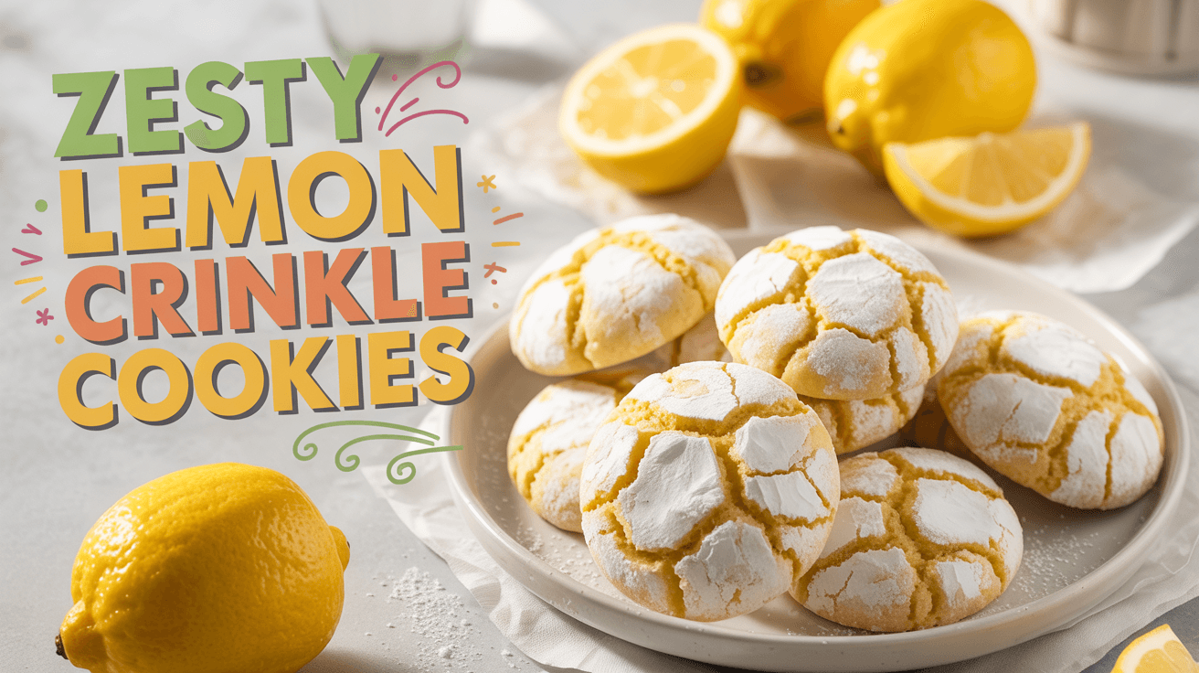 Overhead view of zesty vegan lemon crinkle cookies on a plate, dusted with powdered sugar and showing crackled tops. These gluten-free lemon cookies are soft, chewy, and full of fresh citrus flavor, a fun option if you enjoy vegan lemon biscuits and other vegan baking recipes.