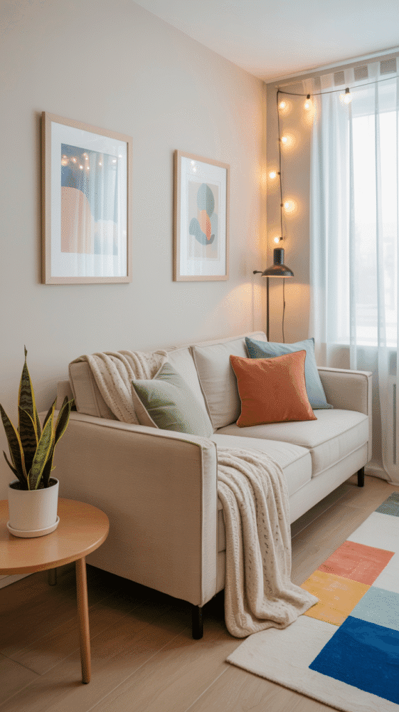 &ldquo;Renter-friendly living room with removable wall art, tension rod curtains, and cozy plug-in lighting.&rdquo;