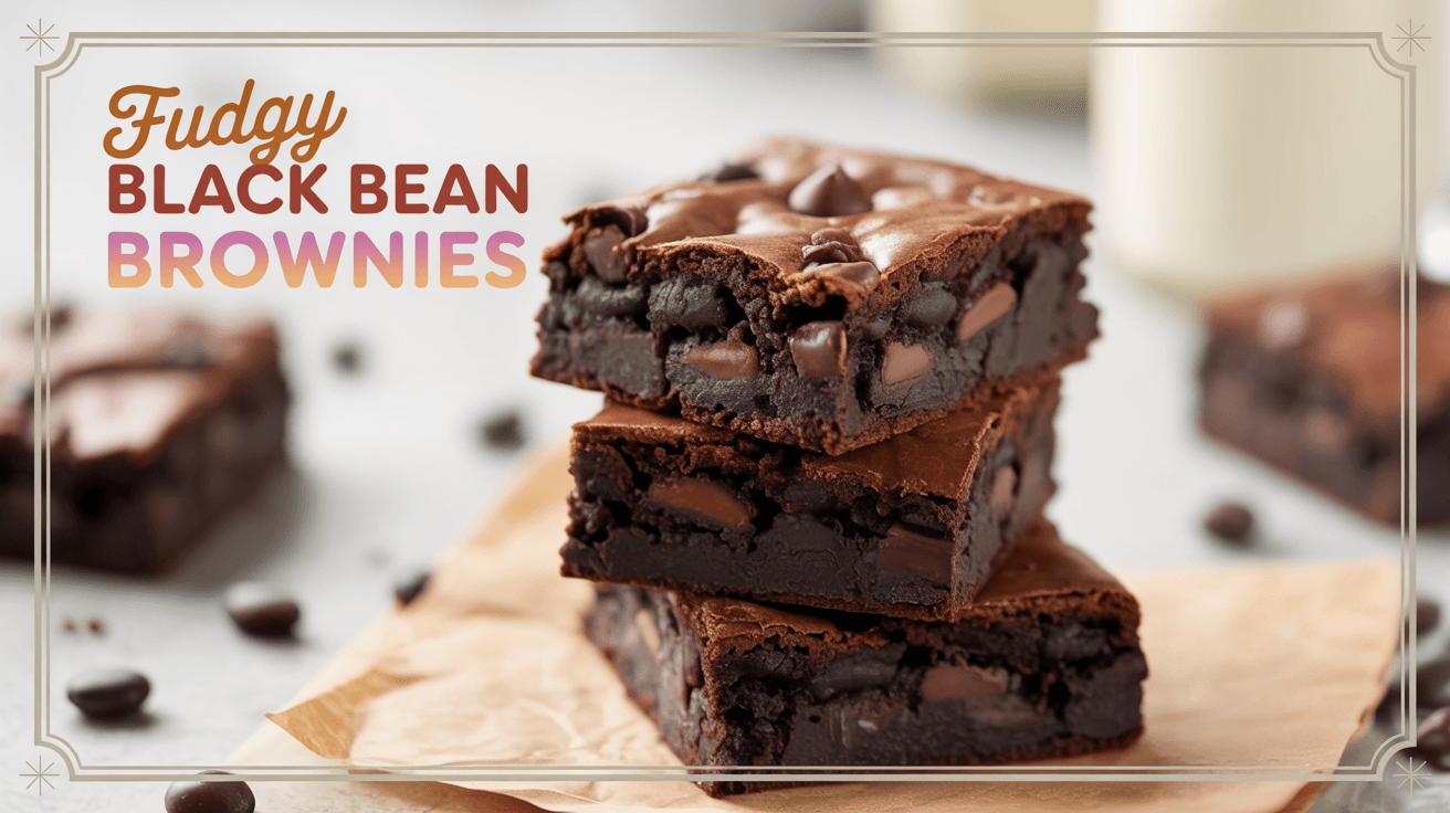 Close-up of a tall stack of fudgy vegan black bean brownies on parchment paper, topped with glossy chocolate chips on a wooden board, with more brownies blurred in the background, showing a rich vegan, gluten-free dessert from HypeVine.