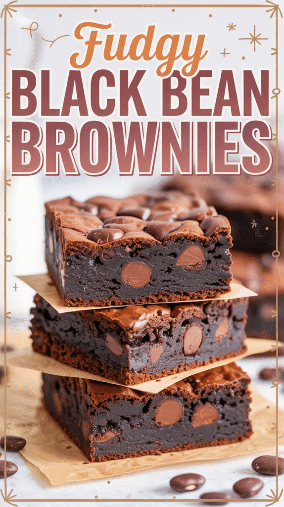 Stack of fudgy vegan black bean brownies in a parchment-lined pan with melty chocolate chips and flaky sea salt, next to a scattering of black beans