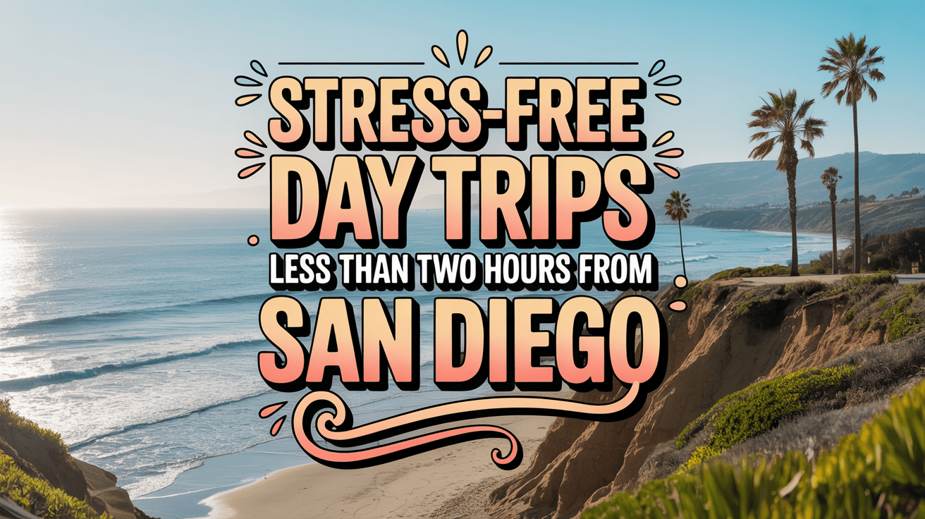 Illustrated beach graphic with the text &ldquo;Stress-Free Day Trips Less Than Two Hours from San Diego.&rdquo;