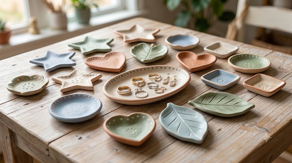 Colorful air dry clay jewelry and trinket dishes in star, heart, leaf, and square shapes arranged on a rustic wooden table, some holding gold rings, with bright hand lettered text that reads “Easy Air Dry Clay Jewelry and Trinket Dishes.”