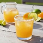 A bright orange margarita spritz mocktail in a salt-rimmed glass, garnished with lime and orange slices on a sunlit wooden outdoor table.