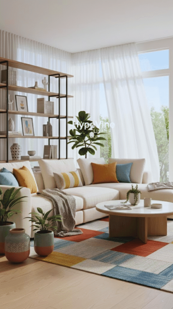 A beautifully designed living room that embodies a "new home aesthetic." In the foreground, a cozy, plush sofa adorned with colorful throw pillows and a soft blanket, complemented by a stylish coffee table featuring a magazine and a small potted plant. In the middle, an elegant bookshelf filled with curated decor items, artfully arranged to create a welcoming atmosphere. The background showcases large windows allowing natural light to flood the room, with sheer curtains gently billowing. A vibrant rug adds warmth to the hardwood floor. The lighting is soft and diffused, creating a serene mood. The scene is captured with a slightly elevated angle, emphasizing depth and inviting ambience, ideal for showcasing fresh decorating ideas. HypeVine branding subtly integrated in the decor style.
