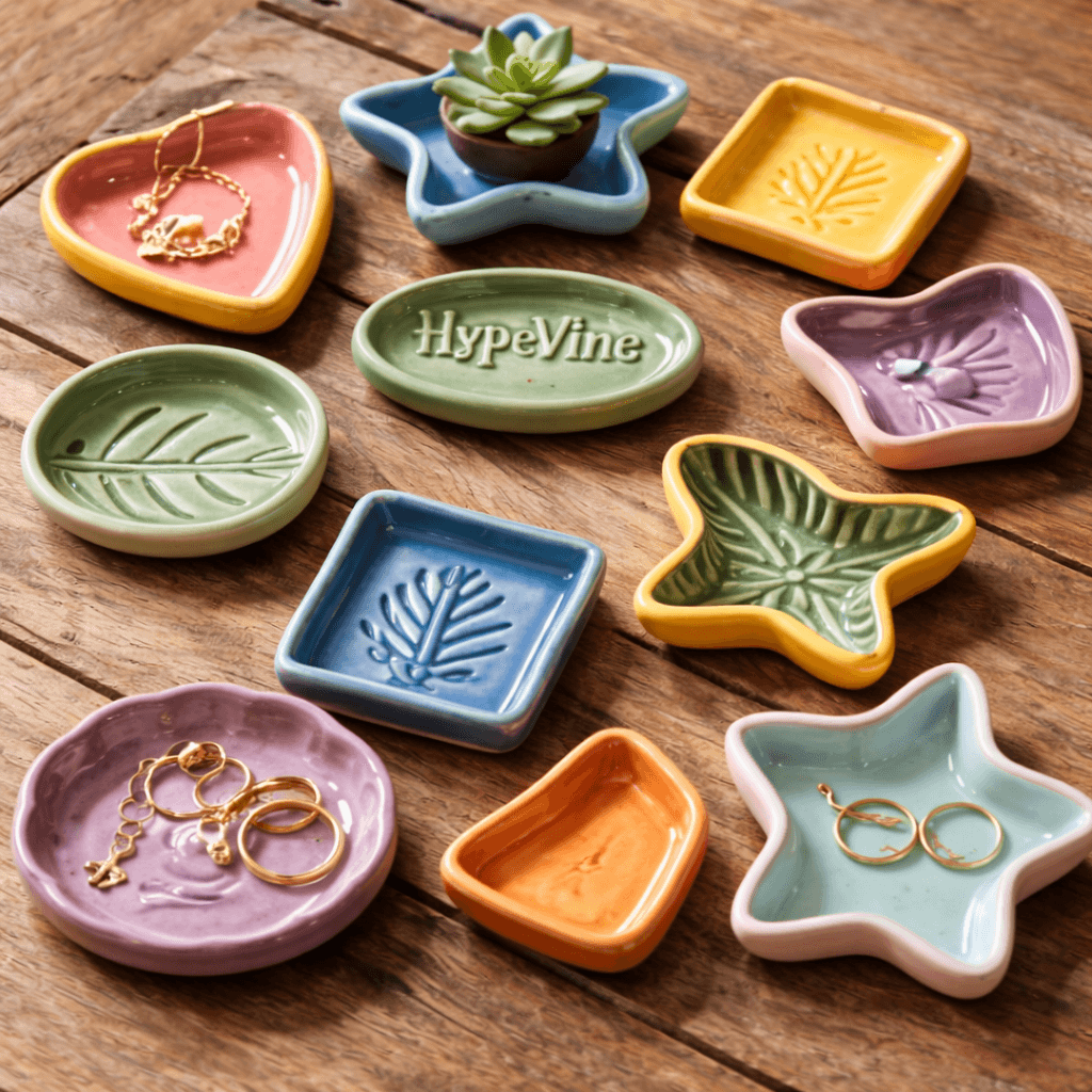 Colorful handmade air dry clay trinket dishes arranged on a rustic wooden table, featuring heart, star, square, oval, and leaf shapes in soft pastel and earthy tones. The dishes include textured designs, simple patterns, and one oval dish engraved with the word HypeVine, styled as decorative jewelry catchalls for a calm, creative home craft vibe.