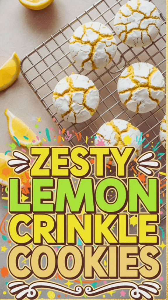 Overhead view of zesty vegan lemon crinkle cookies on a plate, dusted with powdered sugar and showing crackled tops. These gluten-free lemon cookies are soft, chewy, and full of fresh citrus flavor, a fun twist for fans of vegan lemon sugar cookies and other vegan cookie recipes, perfect for spring or summer dessert.