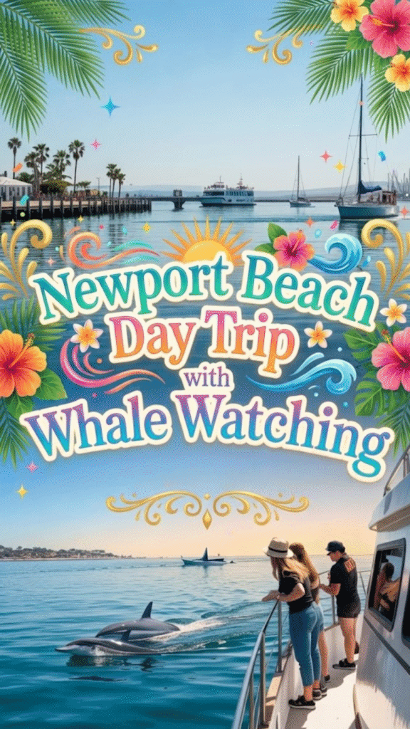 A whale watching boat near Newport Beach with people on deck looking out at dolphins in the water on a sunny Southern California day, perfect for a relaxed day trip from San Diego.