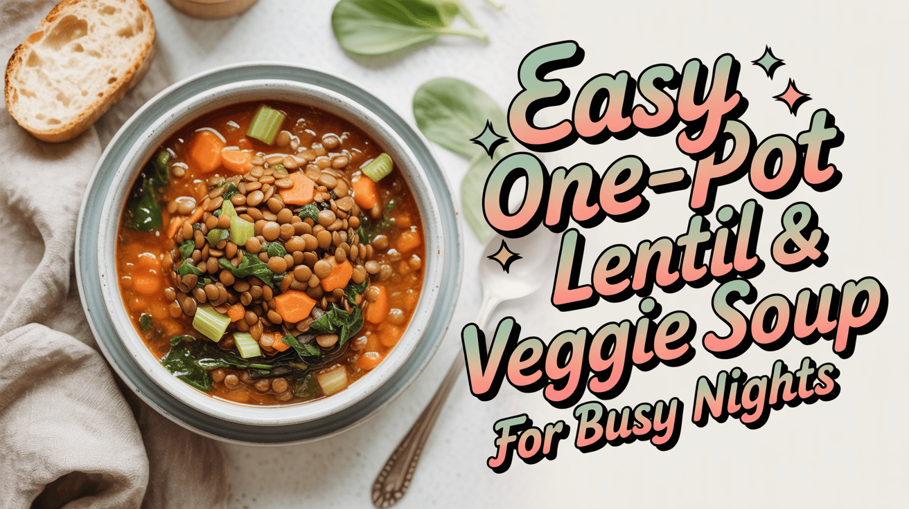 Overhead view of a steaming bowl of lentil and vegetable soup with kale and carrots, with text overlay that says “Easy One-Pot Lentil & Veggie Soup for Busy Nights.”