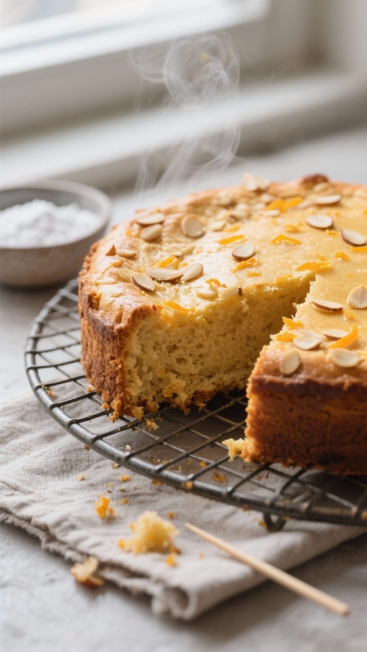 Close-up detail: A freshly baked vegan orange almond cake just out of the pan, resting on a wire rac