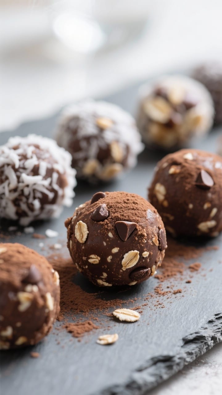 Close-up detail: A tight macro shot of freshly rolled vegan chocolate energy bites, their surface sl