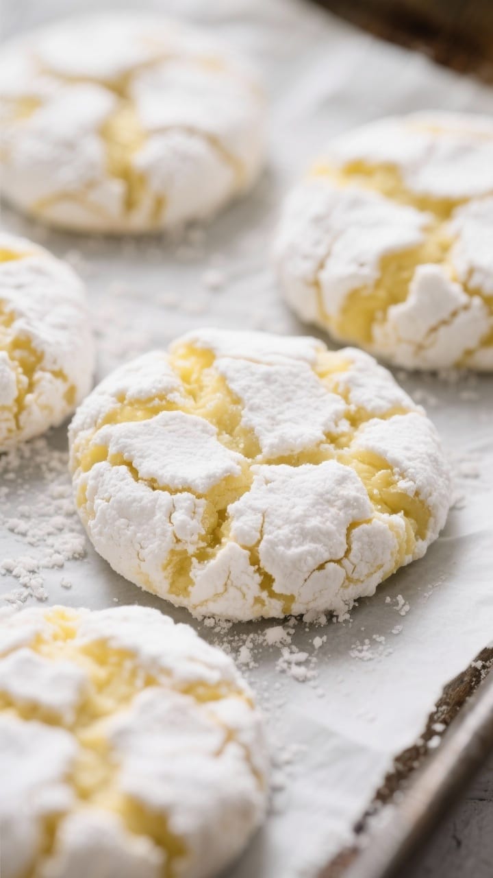 Close-up detail of freshly baked lemon crinkle cookies just out of the oven on a parchment-lined she