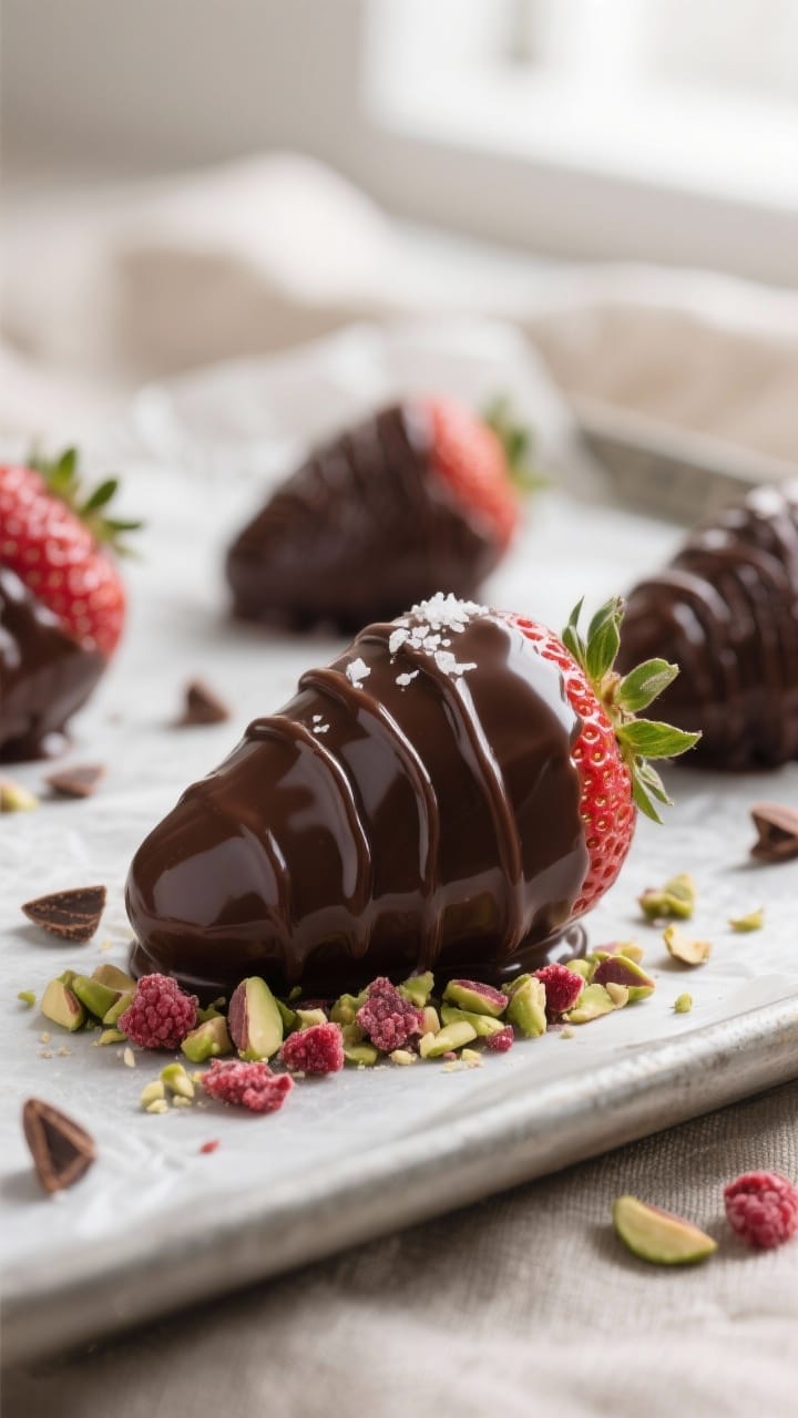 Close-up detail of freshly dipped vegan dark chocolate&ndash;covered strawberries setting on a parchment
