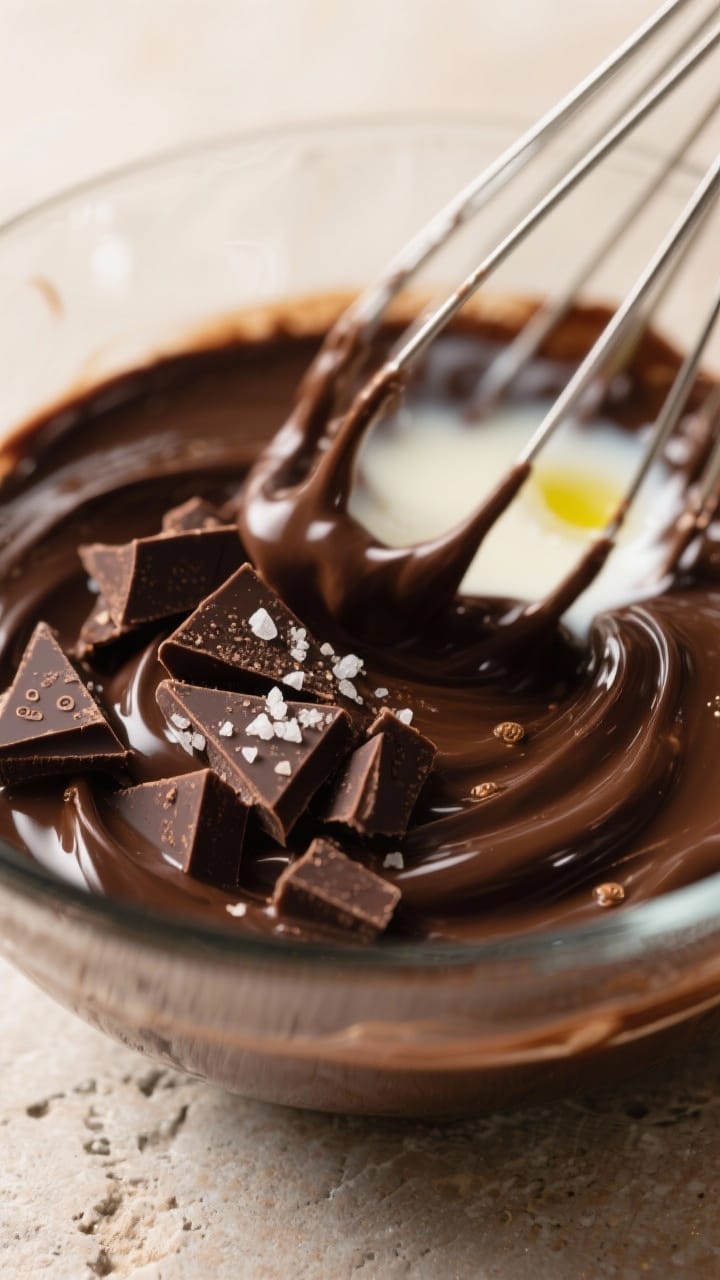 Cooking process, close-up detail: A tight macro shot of glossy dark chocolate ganache being whisked
