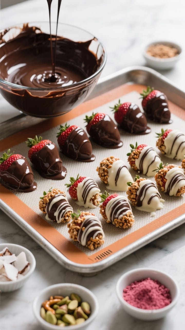 Cooking process scene: melted dark chocolate in a heat-safe bowl on a silicone-mat&ndash;lined baking sh