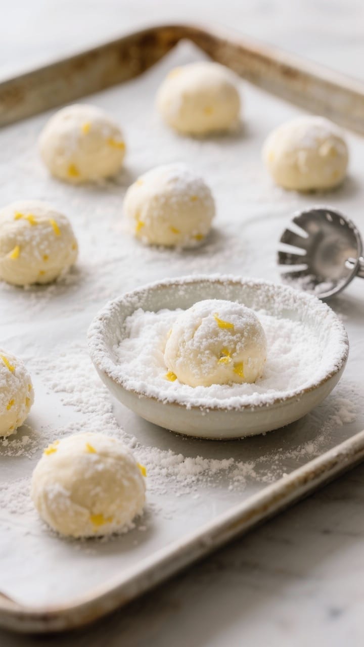 Cooking process shot: chilled dough balls being generously rolled in powdered sugar in a shallow bow