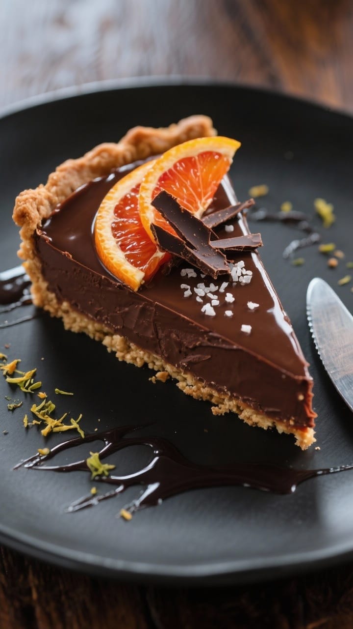 Close up of a vegan blood orange chocolate tart with dark chocolate ganache and sliced citrus