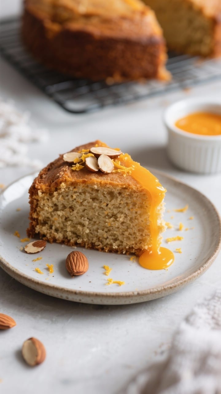 Final plated slice: Restaurant-quality presentation of a single slice of vegan orange almond cake on