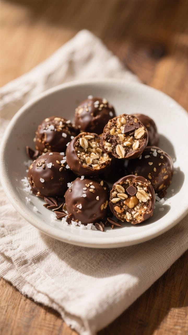 Final presentation: Beautifully plated assortment of the finished no-bake vegan chocolate energy bit