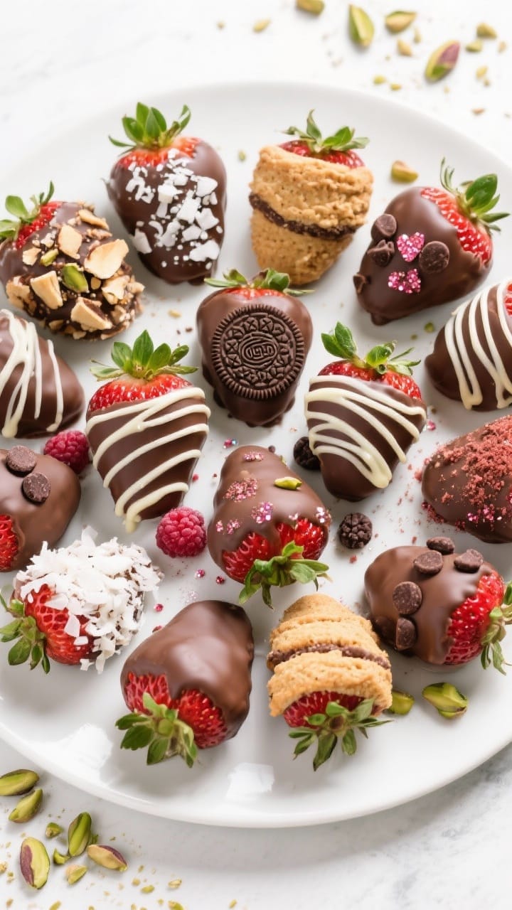 Overhead shot of an assorted platter of fully set vegan chocolate-covered strawberries for Valentine