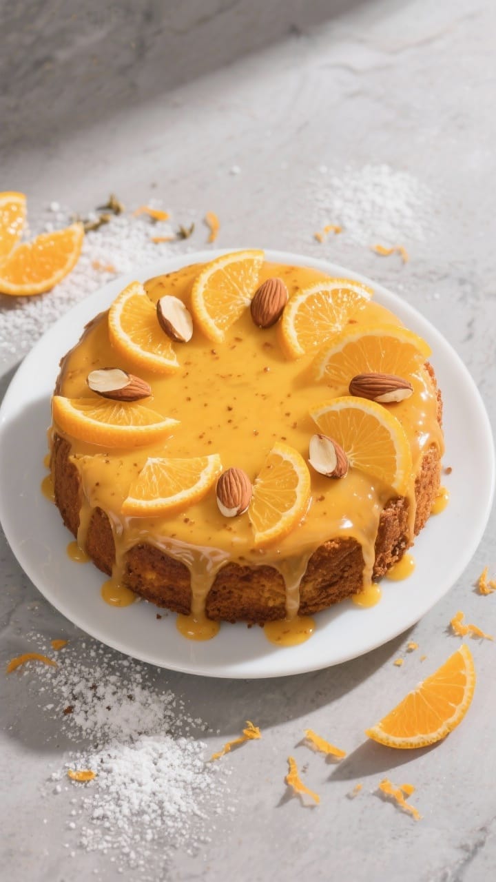 Tasty top view: Overhead shot of the whole cake coated with a thin, glossy orange glaze, the drizzle