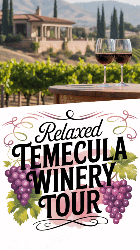 Relaxed Temecula wine country scene with vineyards, a sunny hillside winery, and text that reads “Relaxed Temecula Winery Tour – Plus 4 More Easy Day Trips from San Diego.”