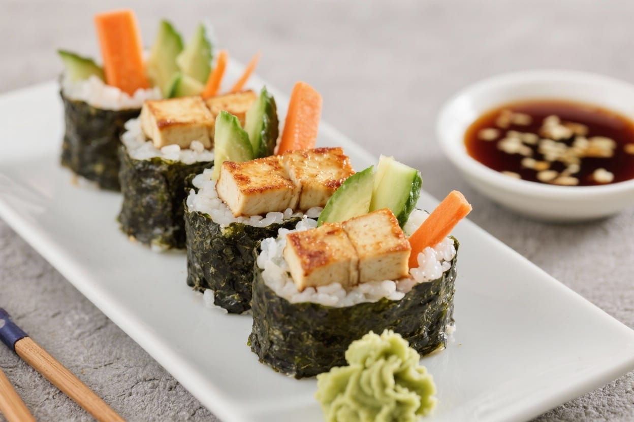 Fresh veggie and crispy tofu sushi rolls on a platter, filled with avocado, cucumber, and carrot, served with soy-ginger dipping sauce and wasabi