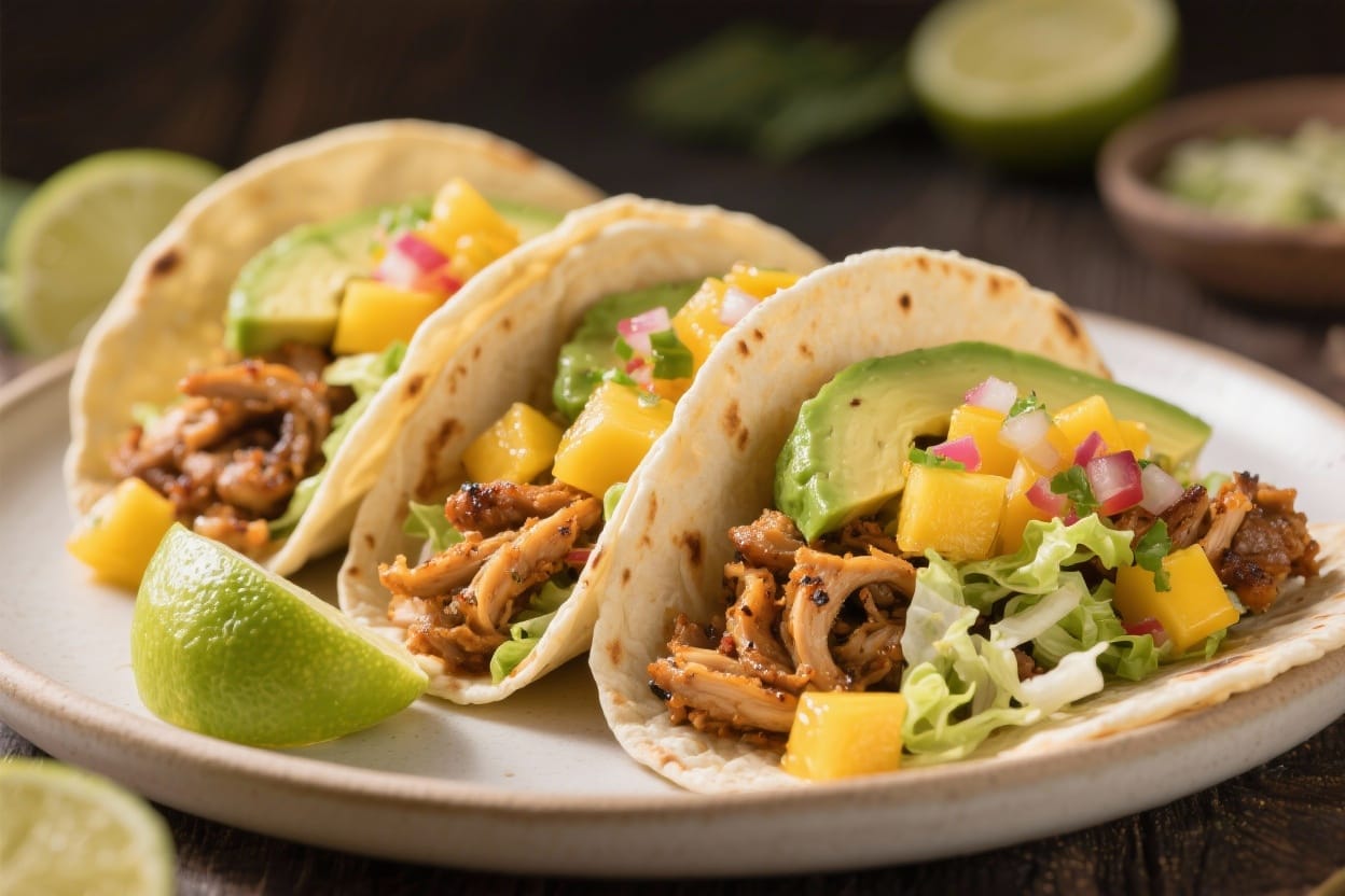 Shredded vegan jackfruit tacos with mango salsa and avocado on a white plate.