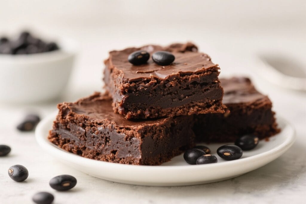 Close-up of a tall stack of fudgy vegan black bean brownies on parchment paper, topped with glossy chocolate chips on a wooden board, with more brownies blurred in the background, showing a rich vegan, gluten-free dessert from HypeVine.