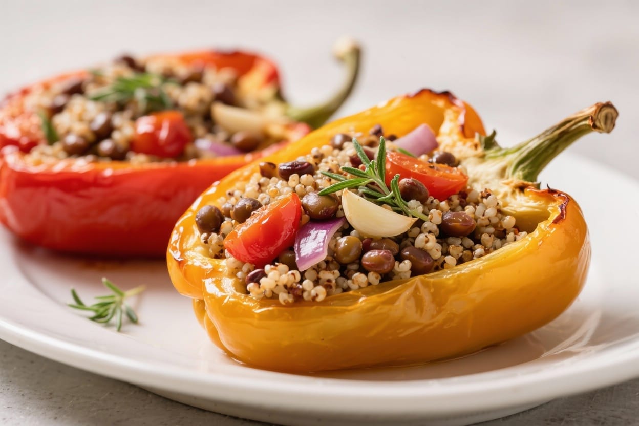 Colorful bell peppers stuffed with quinoa and lentils, a perfect vegan and gluten-free cozy dinner.