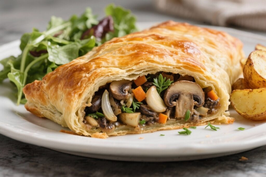 Mushroom Wellington Dinner: Buttery, flaky pastry packed with veggies, salad & crispy potatoes—ideal for cozy vegan nights. Save this idea so you can come back to it later.
