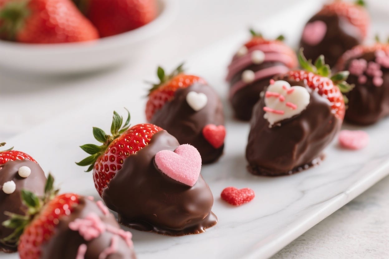 Close-up of freshly dipped vegan chocolate-covered strawberries setting on parchment paper.