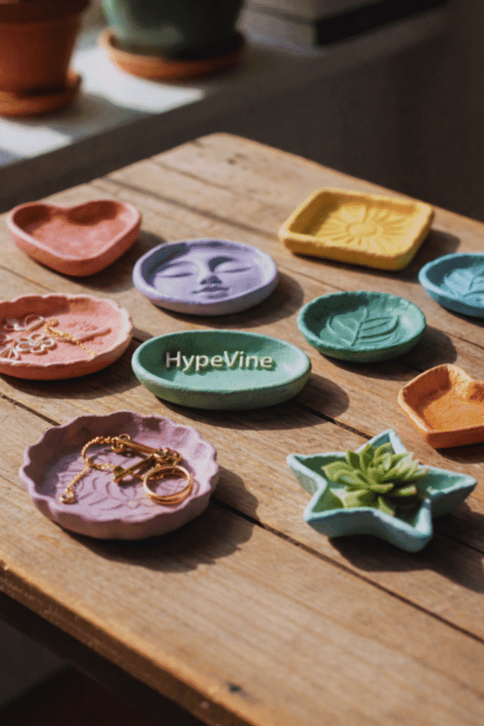 Handmade air dry clay trinket dishes in soft pastel colors arranged on a wooden table, some holding jewelry and a small succulent, with potted plants blurred in the background for a warm, natural craft-at-home vibe.