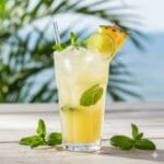 A tall, refreshing pineapple mocktail filled with ice and fresh mint leaves, garnished with a lime wheel and a large pineapple wedge, set against a tropical palm leaf and ocean background.