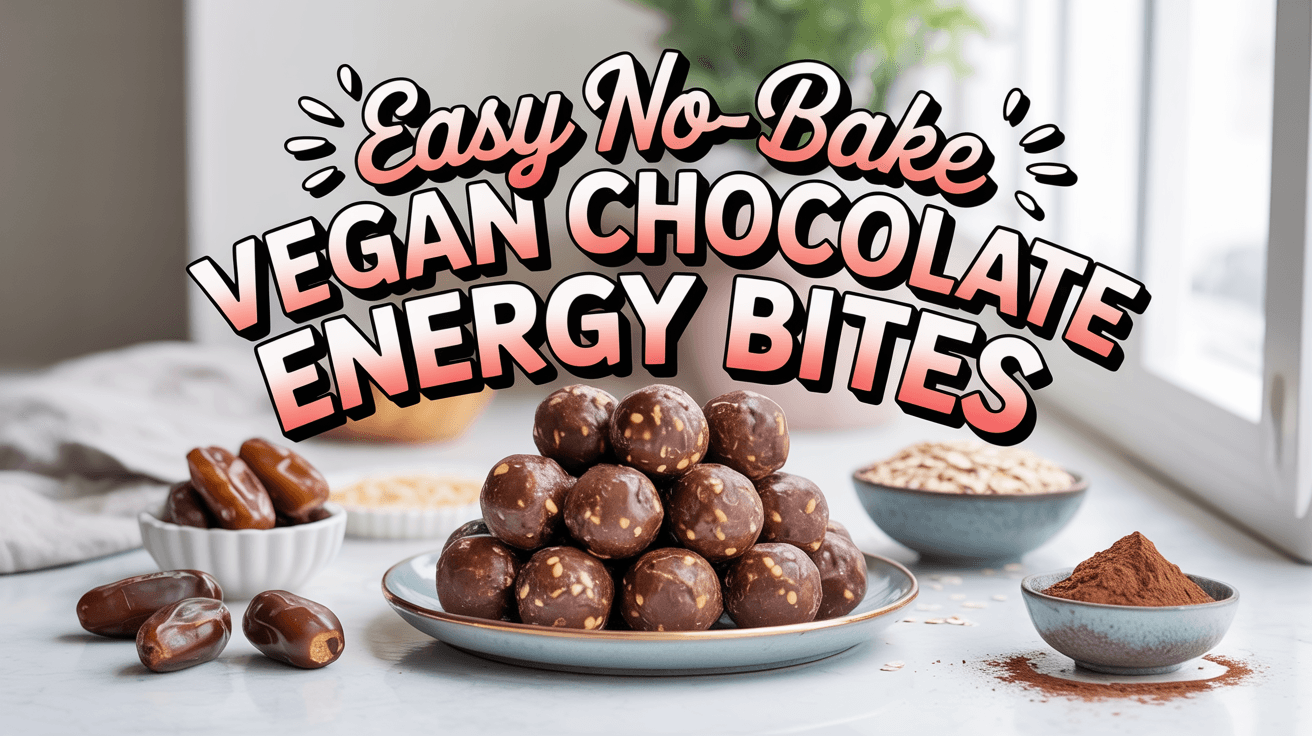 Easy no-bake vegan chocolate energy bites stacked on a white plate, a healthy chocolate snack for meal prep and camping.